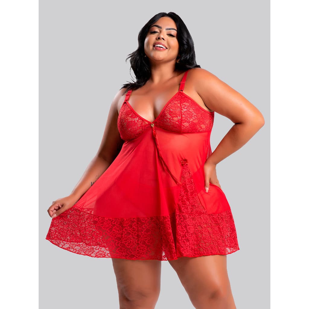 Camisola Plus Size Aurora Use Thulie sem Bojo em Tule e Renda com Calcinha Confortável