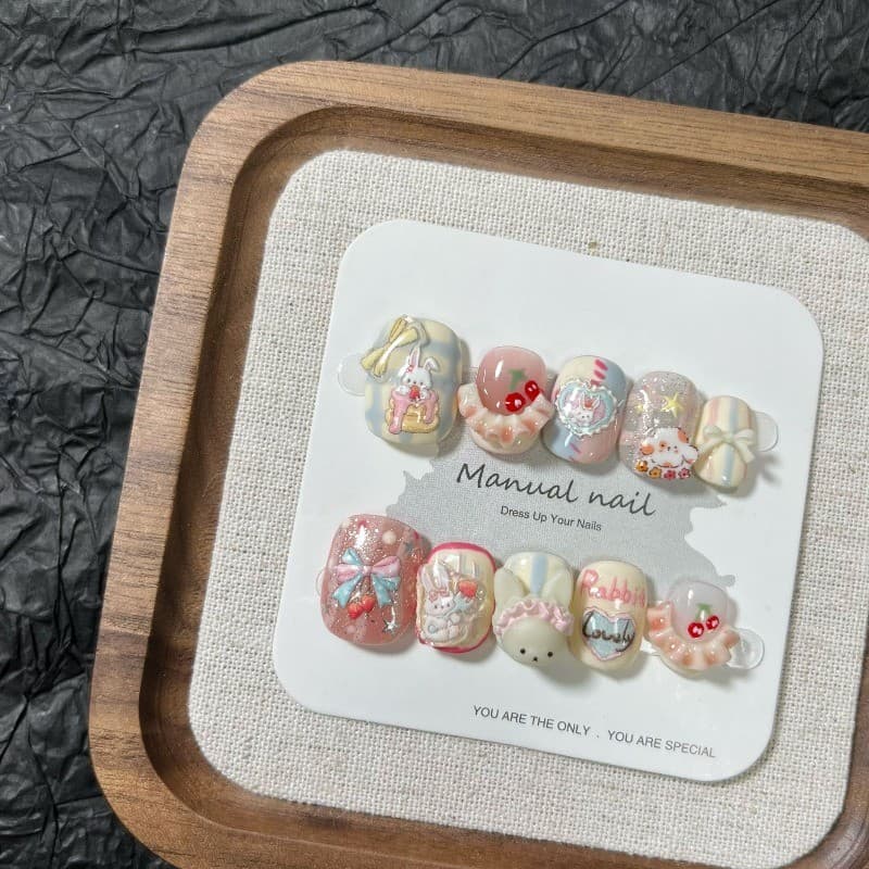 10 Peças Bonito Macaron Artesanal Imprensa Em Unhas Dos Desenhos Animados Coelho Cereja Saia Arco Falsas Removível Reuti