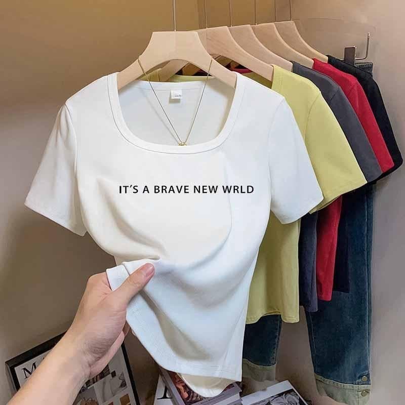 Camiseta Feminina Com Gola Quadrada , Manga Curta , Básica , Slim Fit , Casual , Cor Sólida , Estampa , Plus Size , Stre