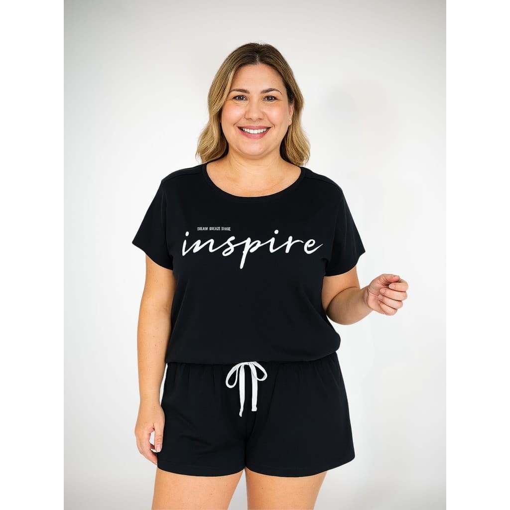 Pijama Feminino Manga Curta Plus Size Algodão - Preto
