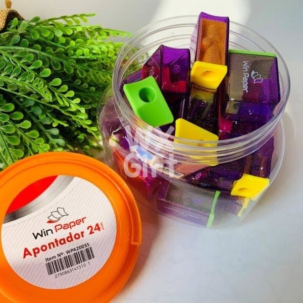 Revenda Apontador com Deposito de Glitter Colorido 24 Unids - Win paper / WX Gift