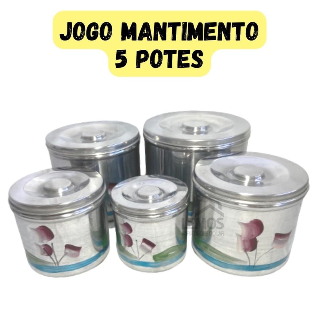 Conjunto Jogo Mantimento 100% Alumínio Pote 5 Peças Organizador Café Açucar Feijão Arroz Farinha