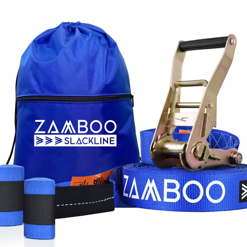 Slackline Zamboo ExtremeLine 30m Azul Com Catraca Reforçada Protetores e Bolsa Coordenação Equilíbrio