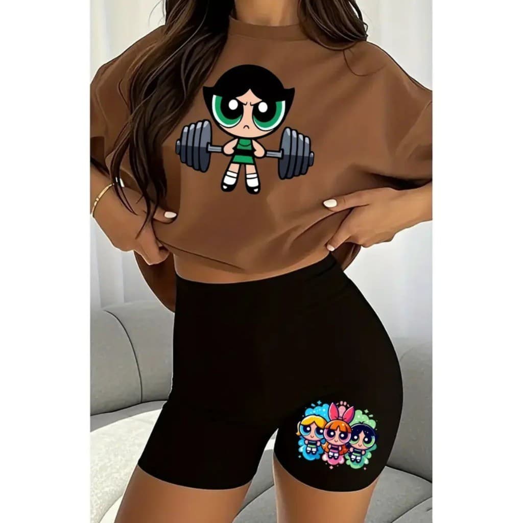 Conjunto Fitinis Feminino Camiseta+Bermuda Cós Alto Zero Transparencia Docinho Meninas Super Poderosas