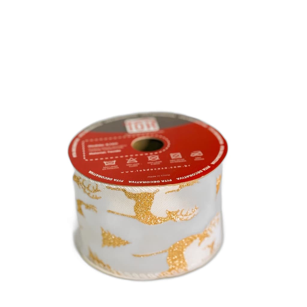 Fita Aramada Decorativa De Natal Branco E Dour - 6,3cmx9,14m