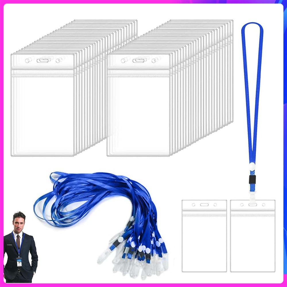 50 porta-cartões à prova d'água para cordão,crachás transparentes verticais,identificação de plástico com cordão