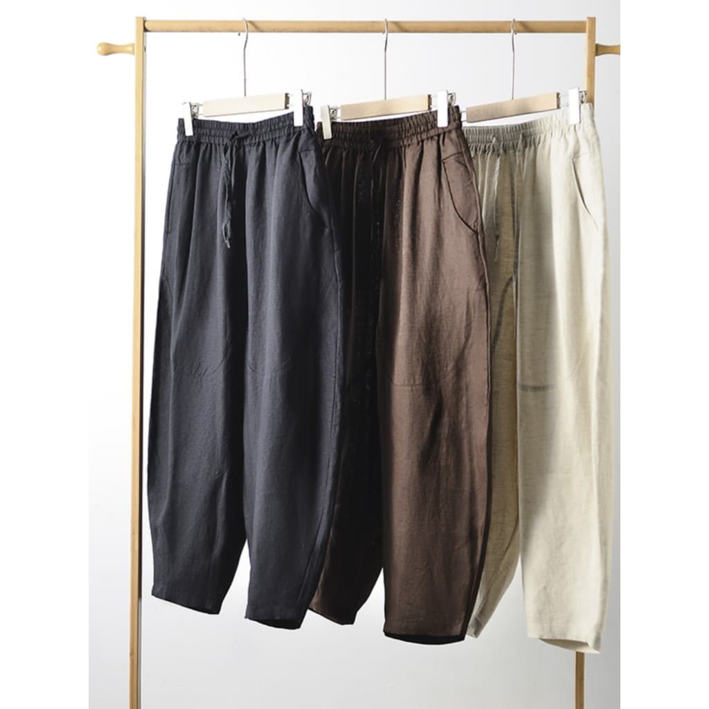 High-End puro linho Casual calças compridas dos homens verão fino meados de cintura calças largas estilo chinês solto re