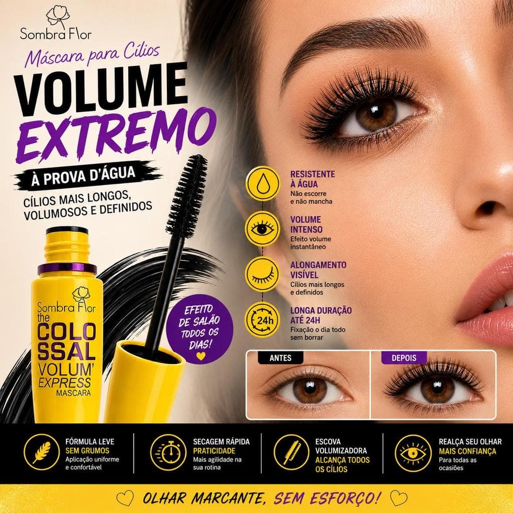Máscara para Cílios Volume Extremo À Prova D Água 24h Longa Duração