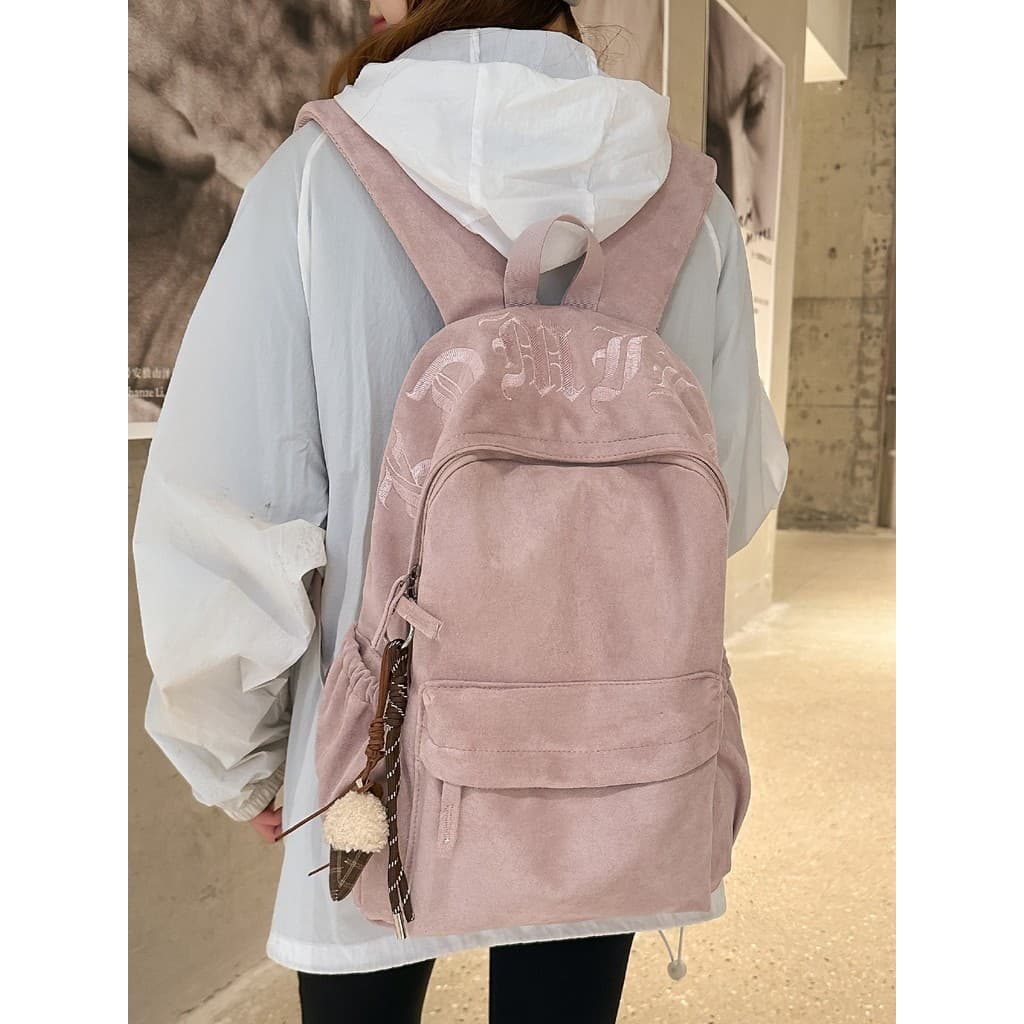 American High Street Bordado Mochila Feminina Novo Estilo Textura de Camurça Estudante Mochila de Alto Valor Alunos do E