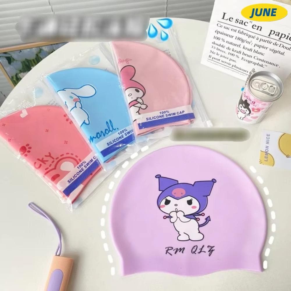 Chapéu De Silicone De Desenho Animado De Junho , Natação À Prova D'água Para Meninas Kuromi Seguro Elástico Bonito