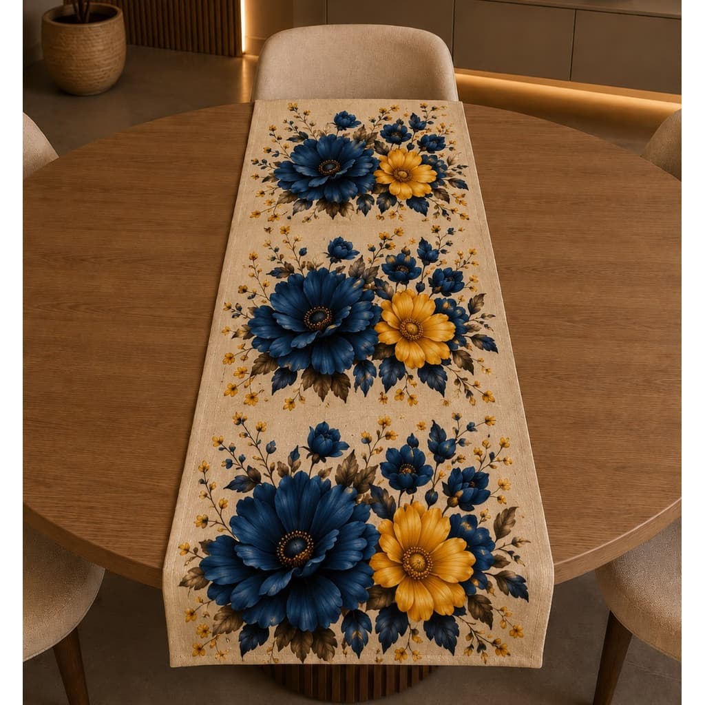 Caminho Trilho de Mesa Oxford Premium para Cozinha Decoração estampa FLORES AZUL E AMARELA