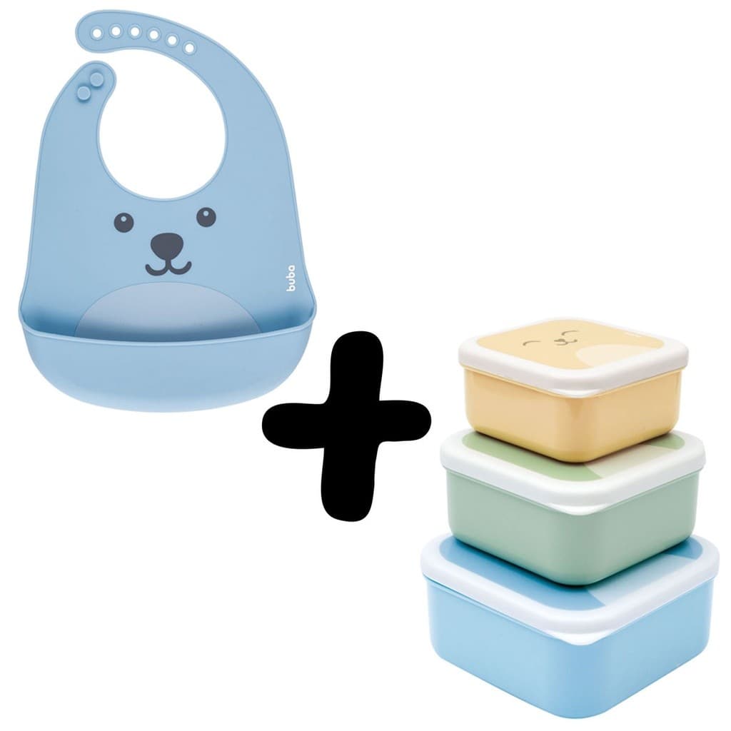 Kit Babador de Silicone Pega Migalhas Azul Gumy e Potes de Papinha Buba