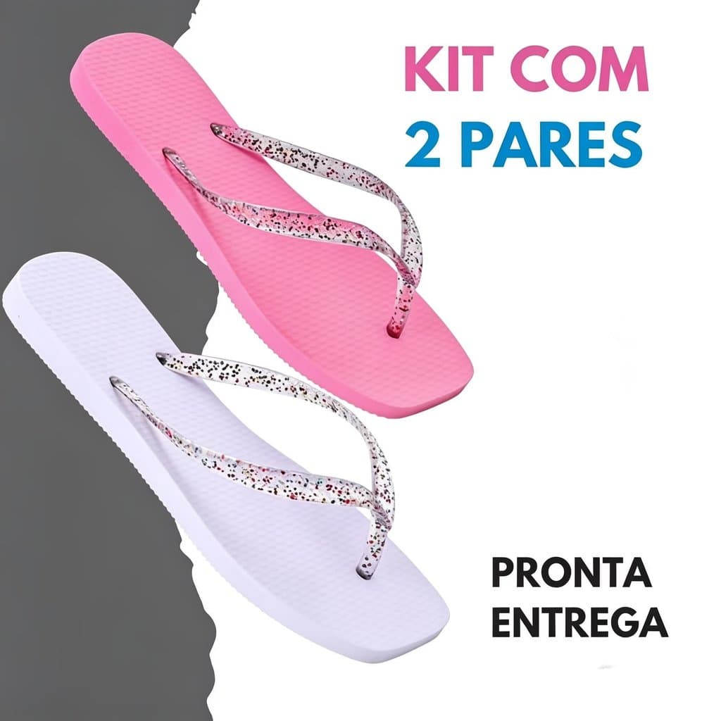 2 Chinelos Feminino Bico Quadrado Com Tira De Glitter Trasparente Leve Confortavel Varias Cores
