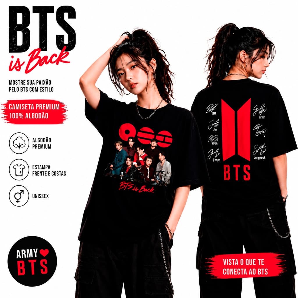 Camiseta BTS Is Back Unissex Kpop Army Algodão Premium Conforto Estampa Frente Costas  Fã BTS
