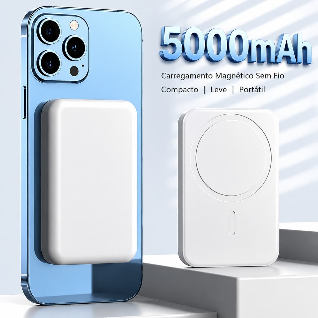 5000 MAH Power Bank Magnético Sem Fio Compatível com MagSafe para iPhone Carregador Portátil por Indução