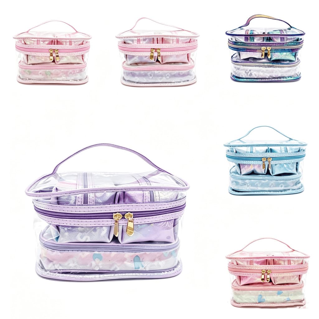 Kit com 4 Necessaires Transparentes Organizadores Brilhantes Portátil para Cosméticos Viagem e Uso Diário