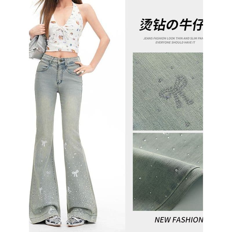 Super quente novo estilo arco nó quente strass Micro-Flap Jeans feminino primavera verão fino-ajuste mais magro olhar