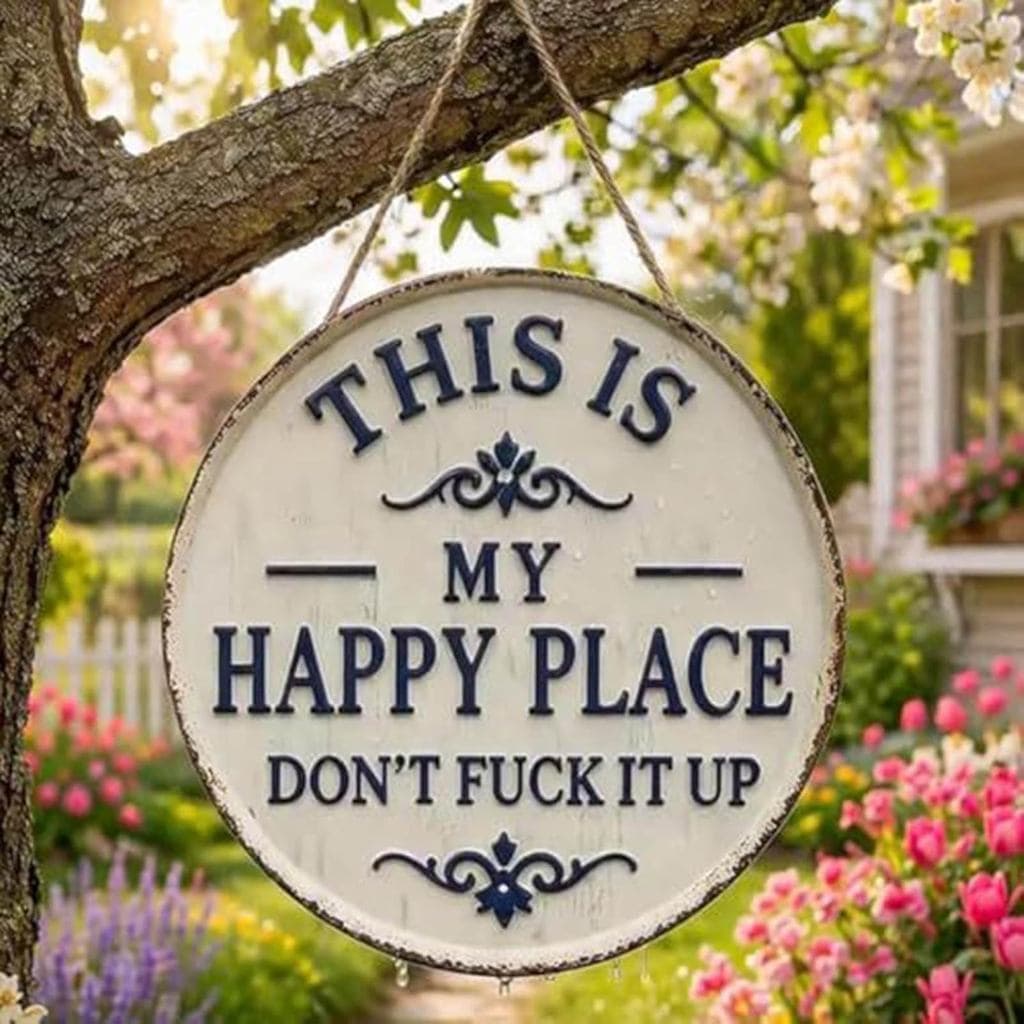 Esta é a minha placa de "Este é o meu lugar feliz, não o estrague", uma interessante placa de metal para jardim que diz: