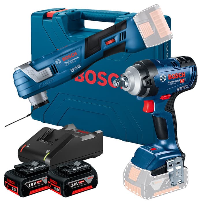 Kit Chave de Impacto 1/2" GDS 18V-400 + Multicortadora Oscilante GOP 185-LI + 2 Bateria 4Ah + Carregador Rápido Bosch