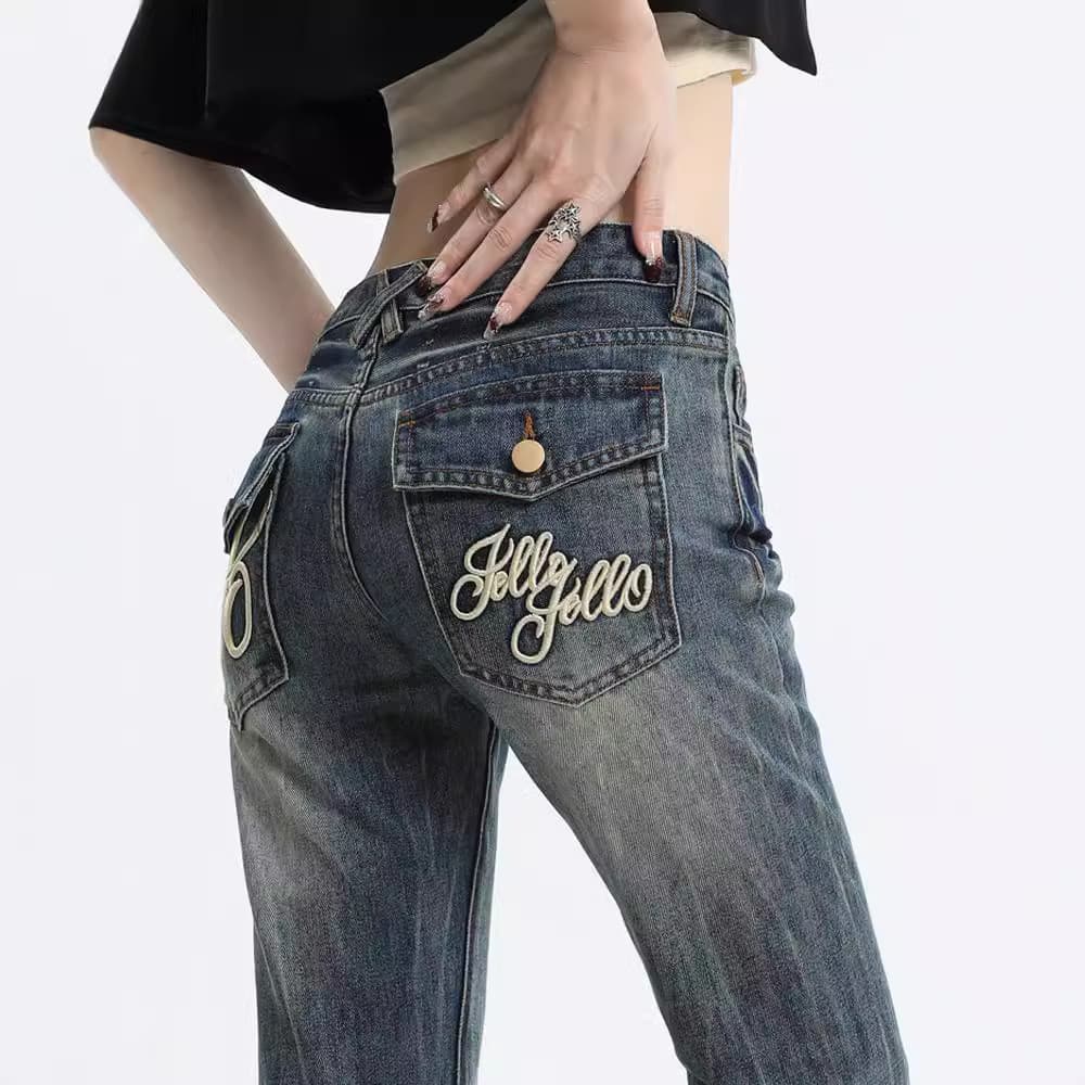 Calças Jeans Flare Bordadas Femininas, Novidade 2026, Estilo Americano Urbano para Tamanhos Pequenos, Calças Compridas d