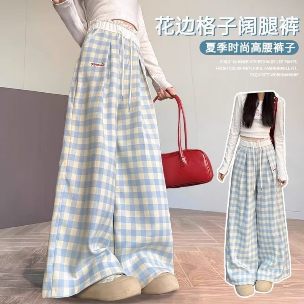 Calça Casual feminina xadrez azul com cordão elástico na cintura reta calça larga