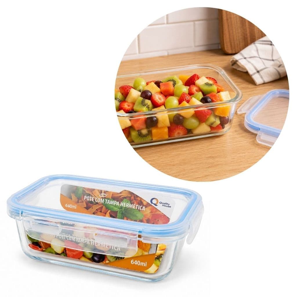 Pote Hermético de Vidro Borossilicato Retangular 640ml com 4 Travas - Quality House