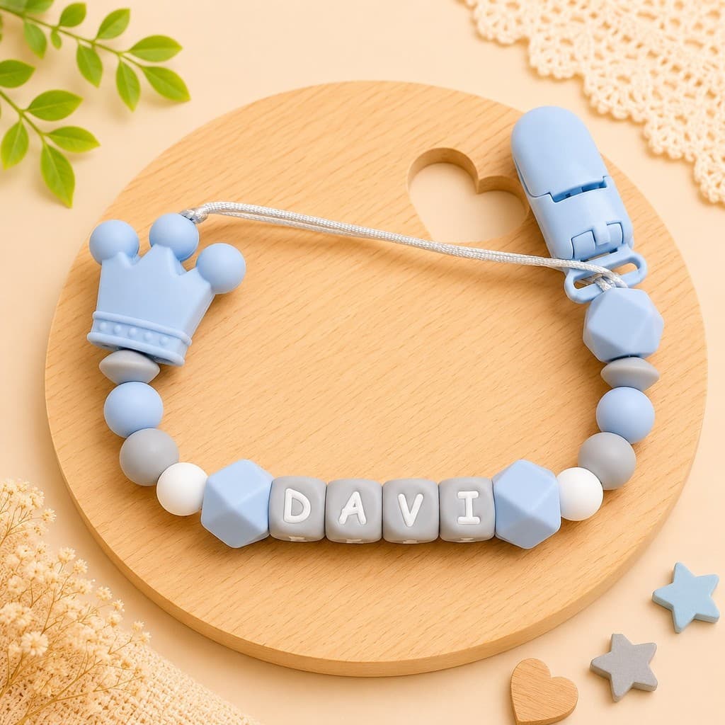 Prendedor de Chupeta de Silicone Macio e Mordedor Personalizado com Nome do Bebê Coroa BPA FREE