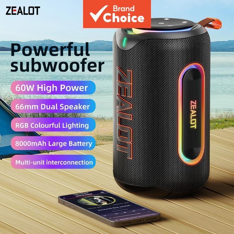 Caixa de Som Bluetooth ZEALOT MP1 60W Portátil Sem Fio com Bateria 8000mAh | IPX6 À Prova d'Água, Graves para Uso