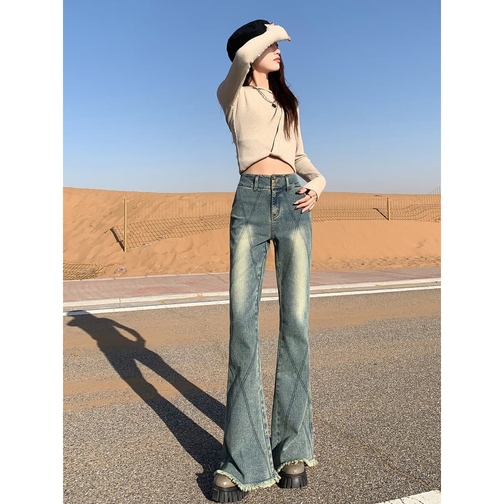 Vfvk estilo americano queimado Jeans feminino pequeno Retro verão calças femininas 2026 novo estilo desgastado calças la