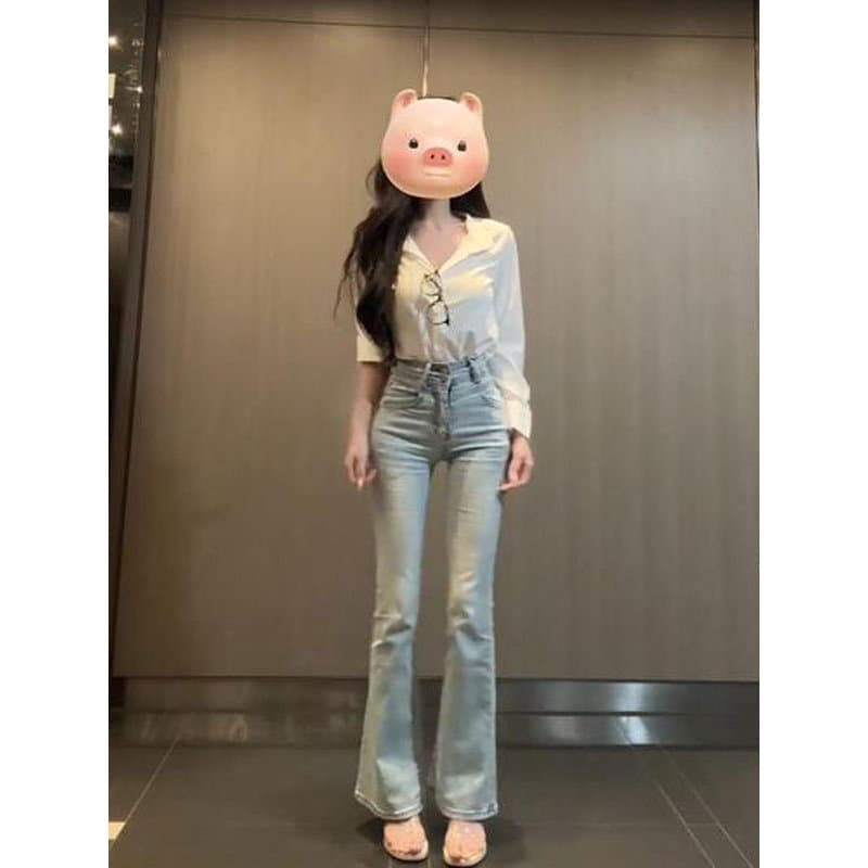American Hot Girl Bowknot Lace Micro-Flared Jeans Mulheres 2025 Outono Slim-fit Stretch All-Match Floor