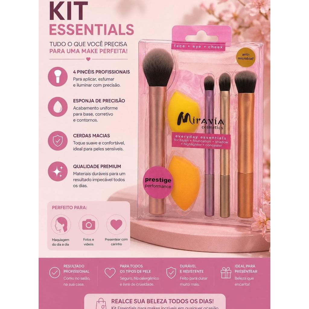 Kit 4 Pincéis de Maquiagem Profissional + 2 Esponjas Soft Blend Miravia | Cerdas Macias para Base, Pó, Blush e Corretivo