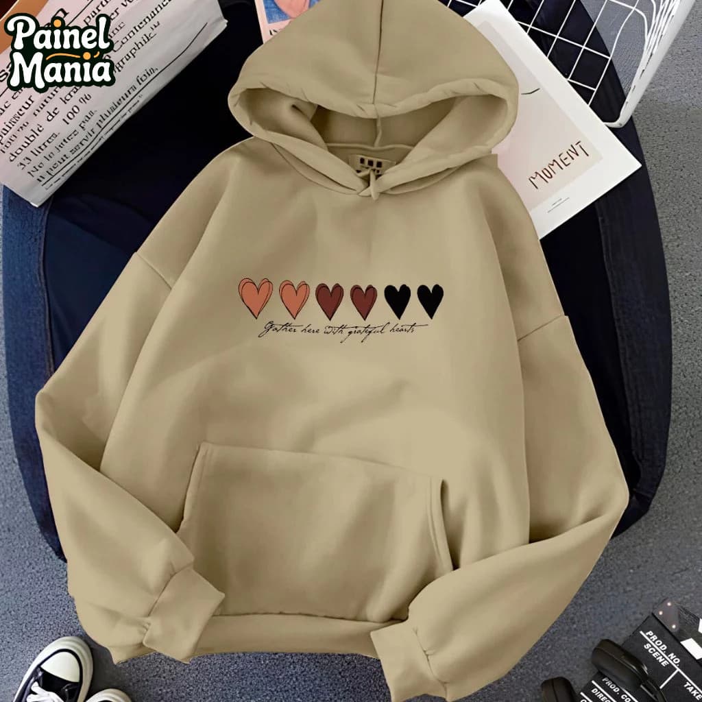 Moletom Feminino Com Bolso e Capuz EstampaTumbl Corações Streetwear Casaco Premium Blusao Envio Imediato