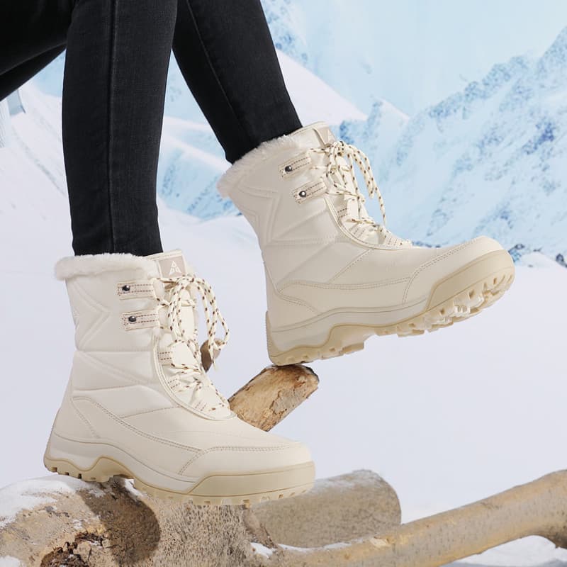 Botas de neve femininas de inverno, de cano médio, em lã, botas de algodão de cano alto, adequadas para atividades ao ar