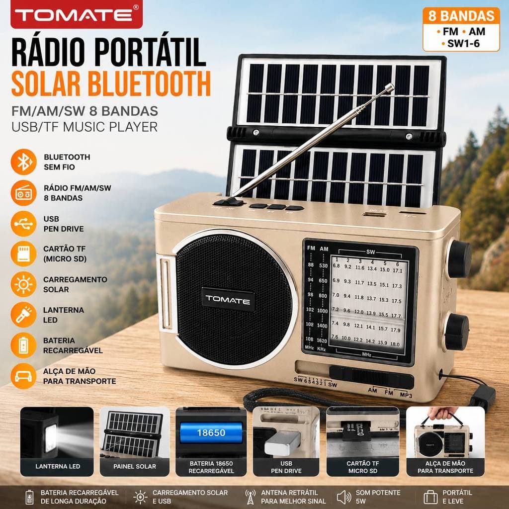 Rádio Portátil Solar Bluetooth FM AM SW USB TF Card Lanterna Recarregável Tomate MTJ-2010