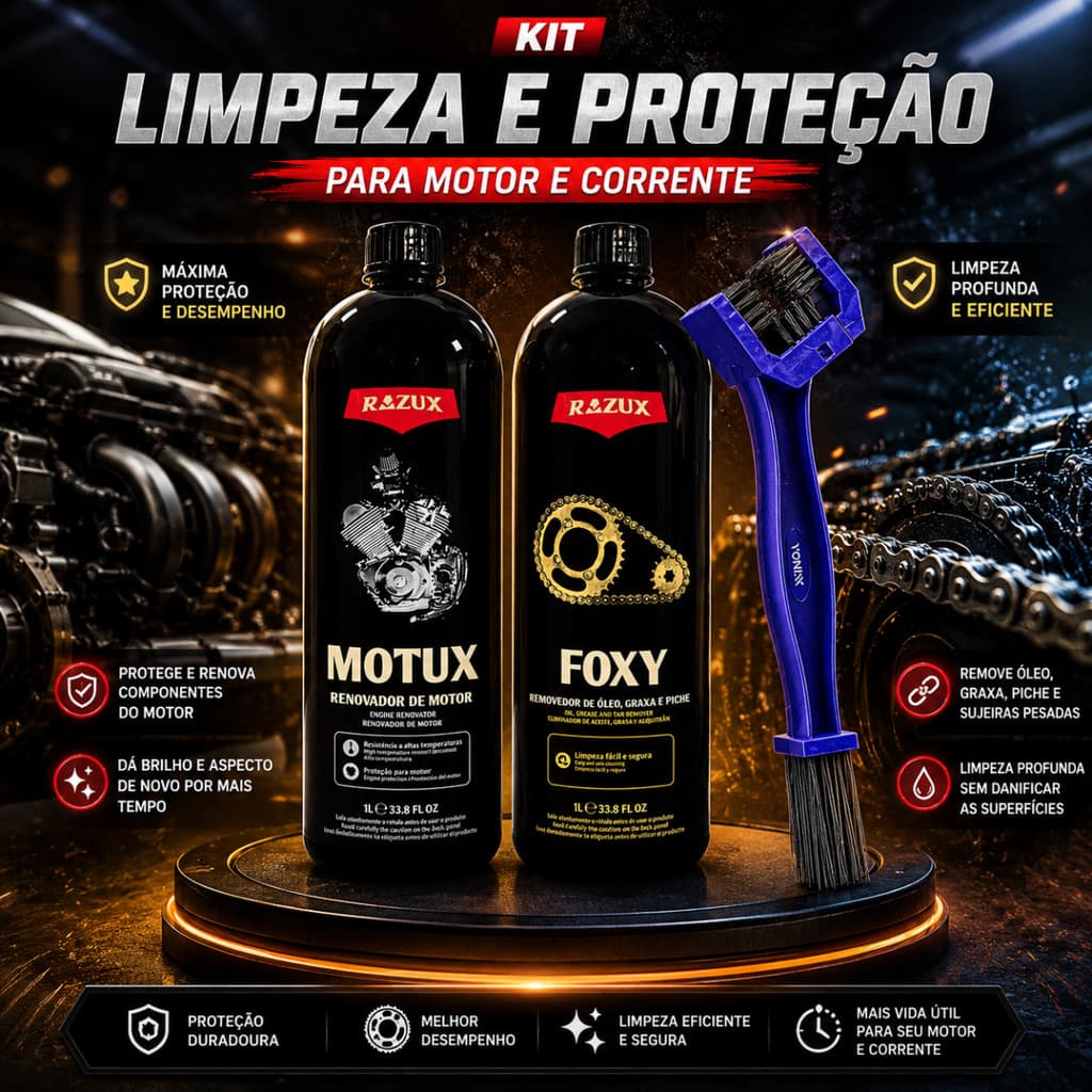 Kit Razux Moto Motux 1L + Foxy 1L com Escova Limpeza e Proteção de Motor e Corrente