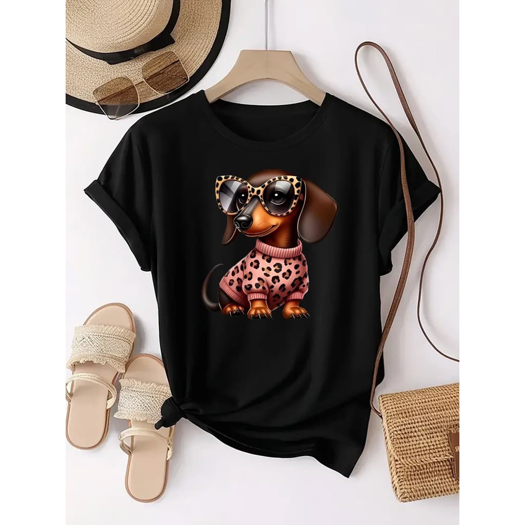 Camiseta Feminina Estampa Cachorro Fofo Usando Óculos Blusa Confortável