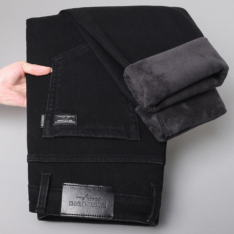 Outono inverno high-End forro de lã engrossado calças de brim masculinas de alta elasticidade em linha reta magro-ajuste