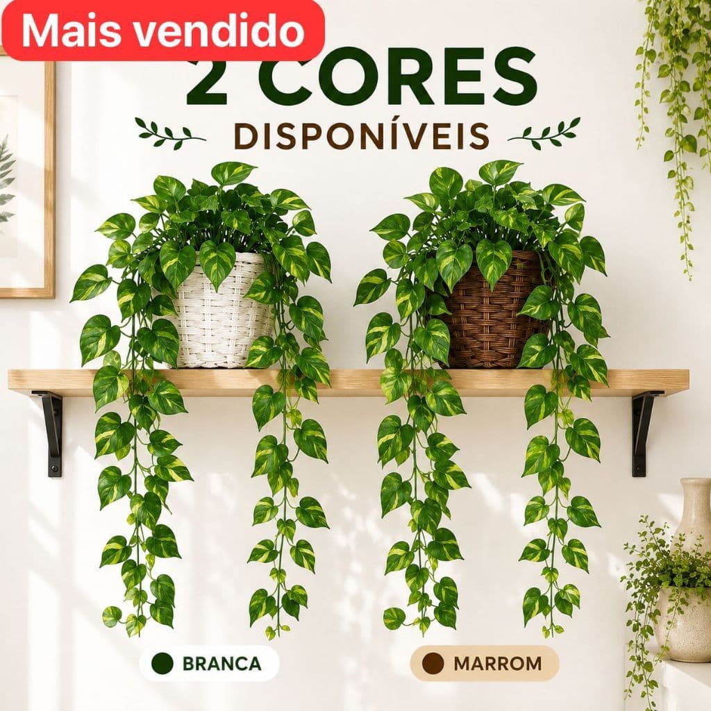 1 Vaso Branco ou Marrom com 3 Pendentes Hera Artificial para Decoração