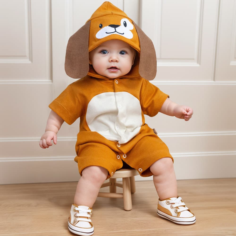 Macacão Curto Infantil com Capuz Bordado – Cão Caramelo