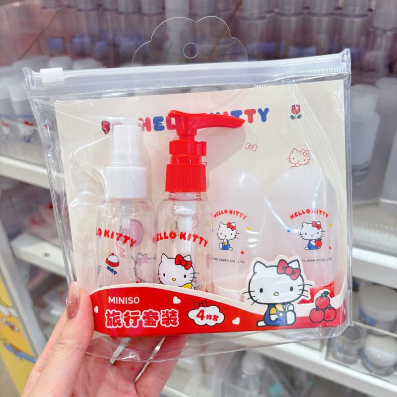 MINISO Hello Kitty Garrafa De Lavagem E Cuidado Conjunto Portátil De Viagem De 4 Peças Extrusão Loção Higiênica Limpa Em