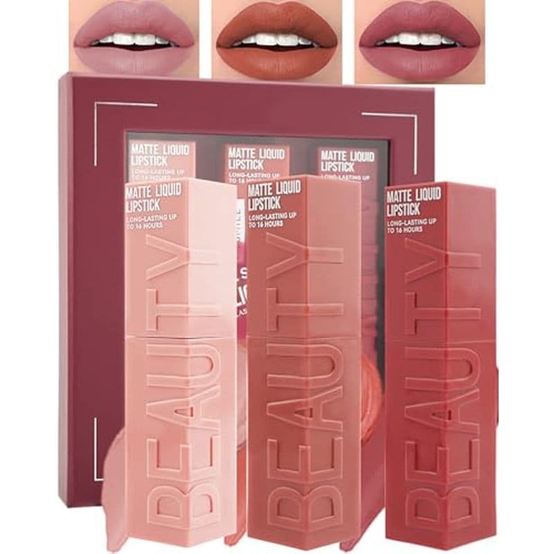 Conjunto De Batom Líquido Fosco-3 Unidades De Tonalidade Labial De Alta Pigmentação , Brilho Veludo Até 16 Horas Colorid
