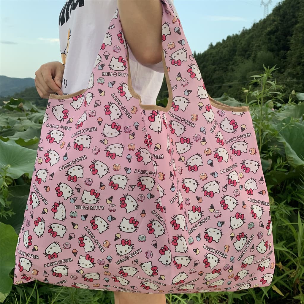 Sacola de Compras de Grande Capacidade Sanrio Kuromi Kitty Coca-Cola, Portátil e Dobrável OSAU IILE