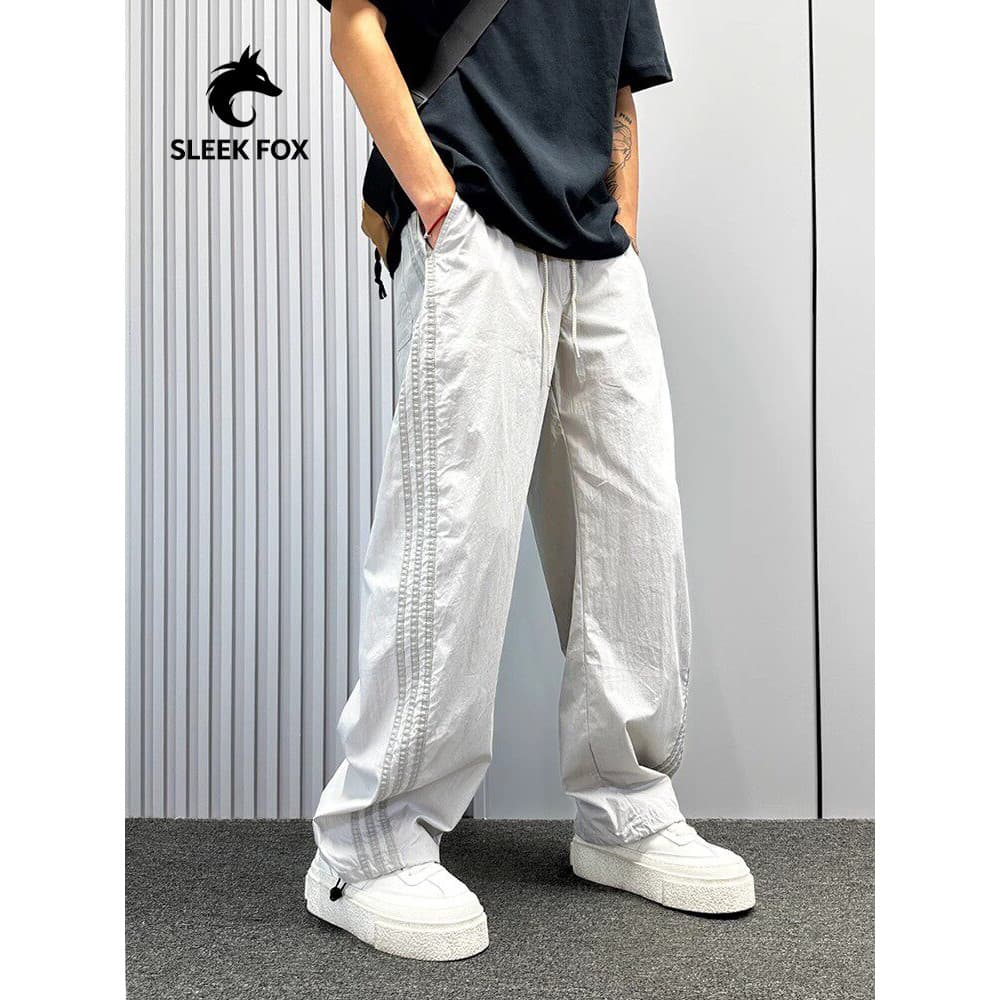 Street Wear calças retas masculinas verão fino calças de secagem rápida listrado costura calças masculinas 2026 novas ca