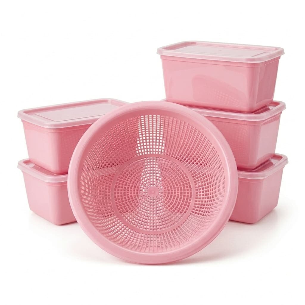 Kit Potes Plástico Marmita 6 peças + 1 Escorredor de alimentos lava tudo Vasilha