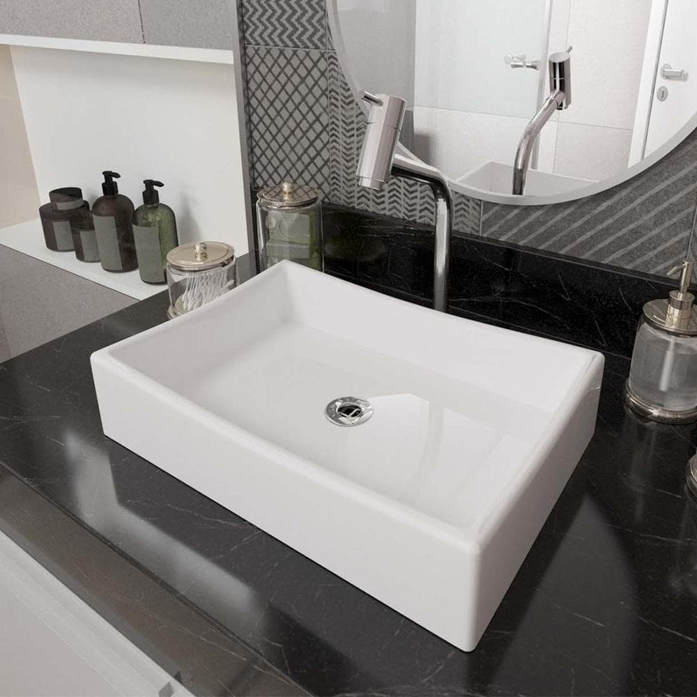 Cuba para Banheiro 45cm Branca de Sobrepor Pia Retangular para Lavabo Mármore Sintético Design Moderno