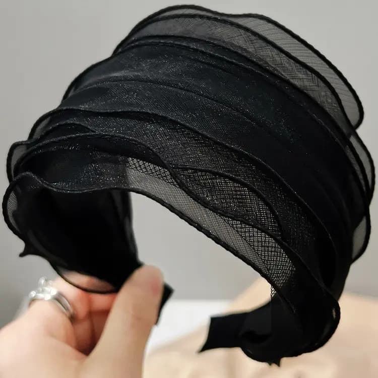 Preto de aba larga bandana feminino capa de cabelo branco bolinhas Organza Hairpin dentes Anti-deslizamento bandana alar