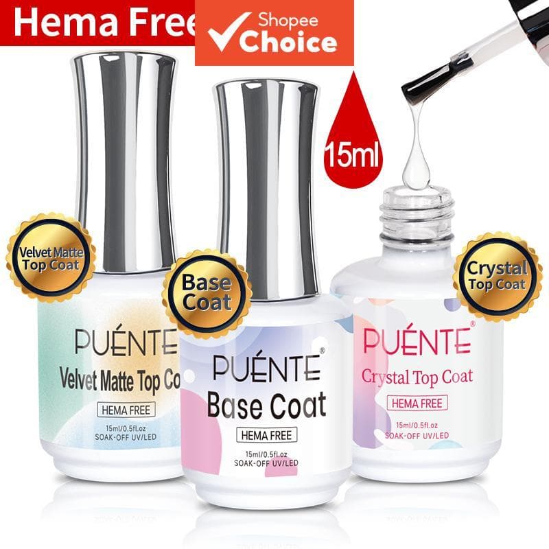 Coleção de Esmalte de Gel Funcional 15ml PUENTE sem Hema, Base Coat, Top Coat Crystal, Top Coat Velvet Matte, Kit de