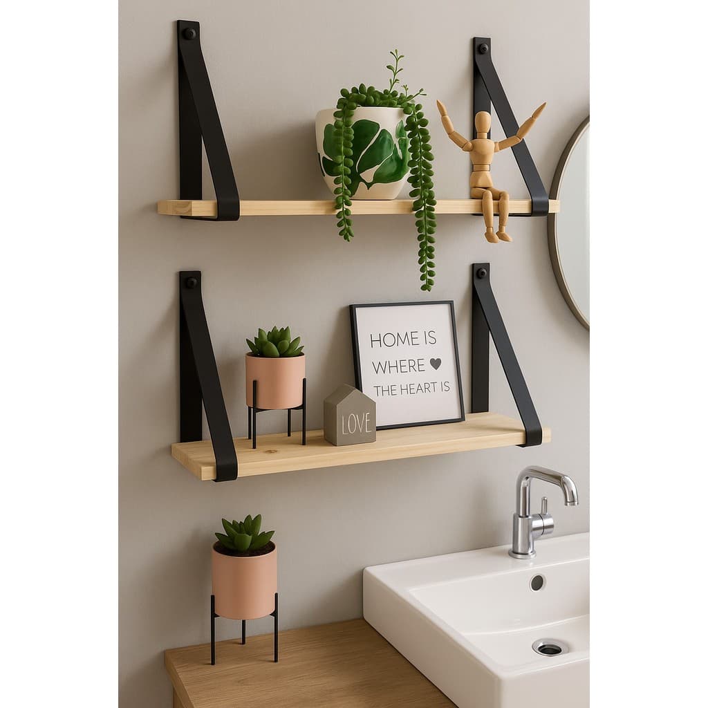 Kit Prateleiras de Madeira Com Alça de Couro Para Decoração Casa Quarto Luxo Banheiro Pinos Moderna