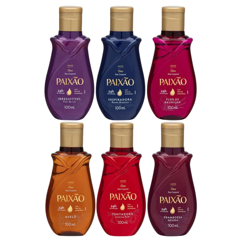 Kit Completo Paixão com 6 Óleos Corporais de 100ml para Hidratação Profunda e Pele Perfumada