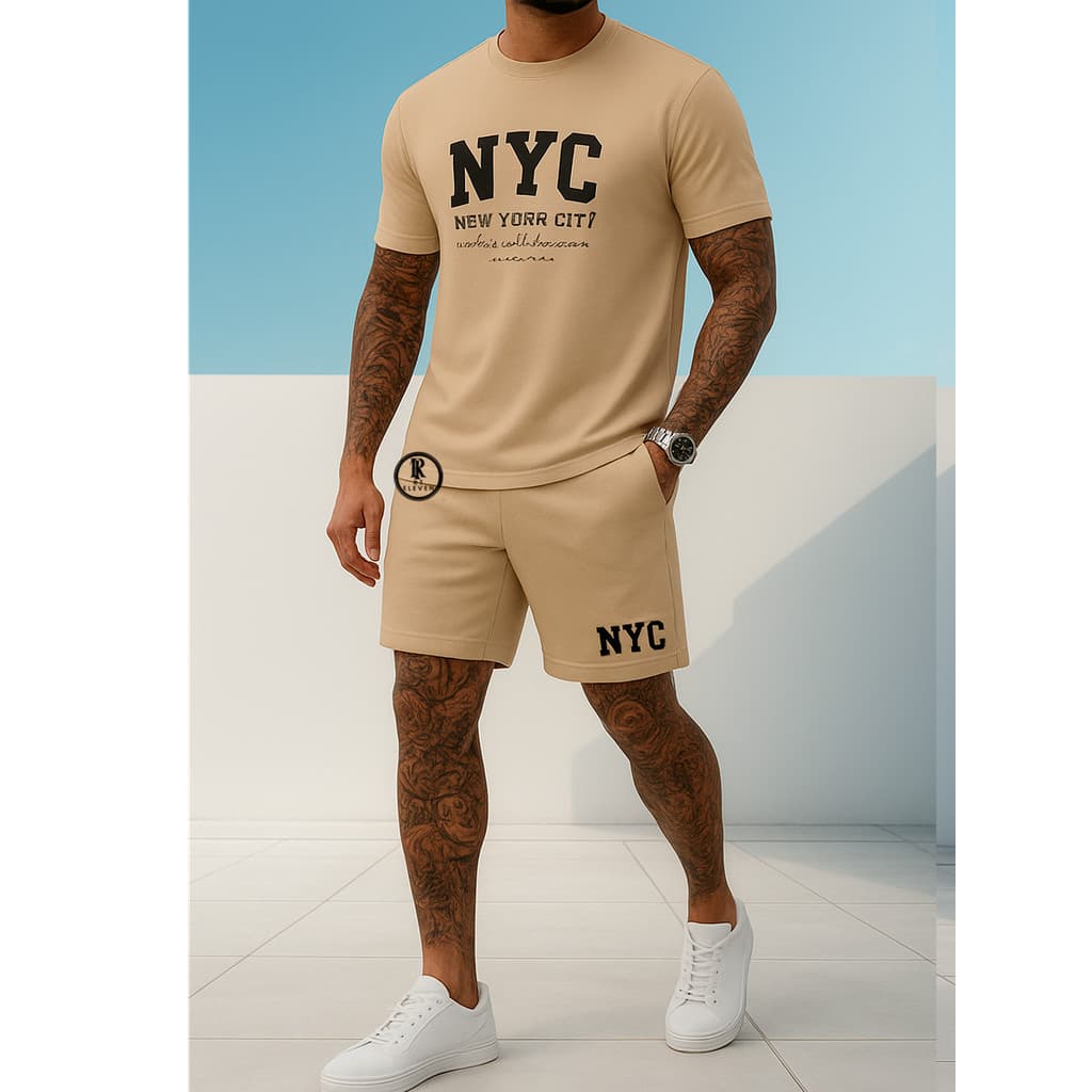 Kit Camiseta + Bermuda Streetwear Nyc Camiseta Malha 100% Algodão Linha Premium + Bermuda Moletom Com Bolso